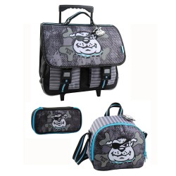 Ensemble Chien Pirate cartable à roulettes + trousse + sac goûter