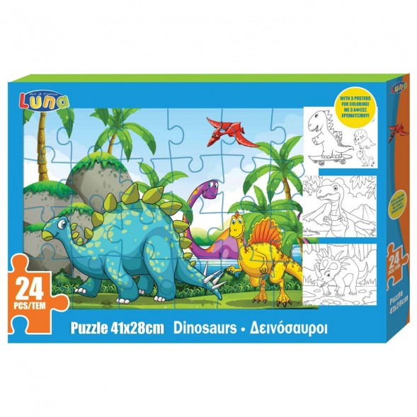 Puzzle Dinosauri 24 pezzi 41x28 cm con 3 disegni da colorare