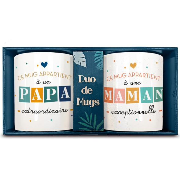 Caja de dúo de tazas "Papá Mamá" con purpurina