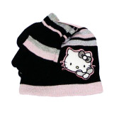 Bonnet + Gants Hello Kitty Noir et Rose en Laine