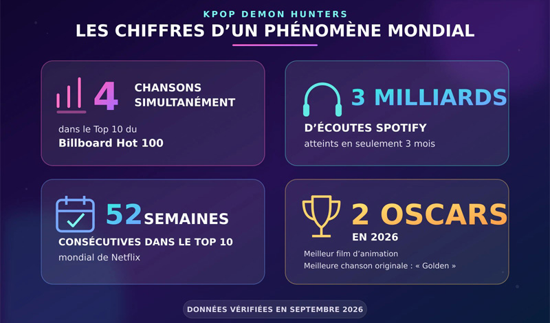 Audience, classements musicaux et récompenses : les principaux chiffres du phénomène KPop Demon Hunters, vérifiés en septembre 2026
