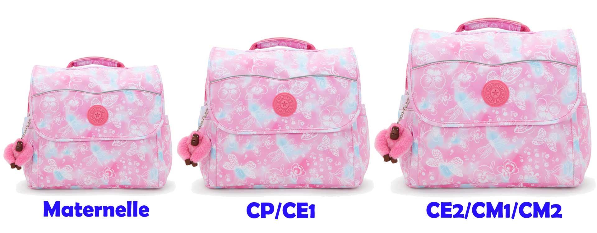 Les trois tailles du cartable Codie de la marque Kipling