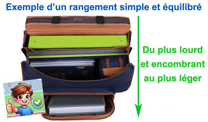 exemple de rangement simple et équilibré des fournitures scolaires dans le cartable