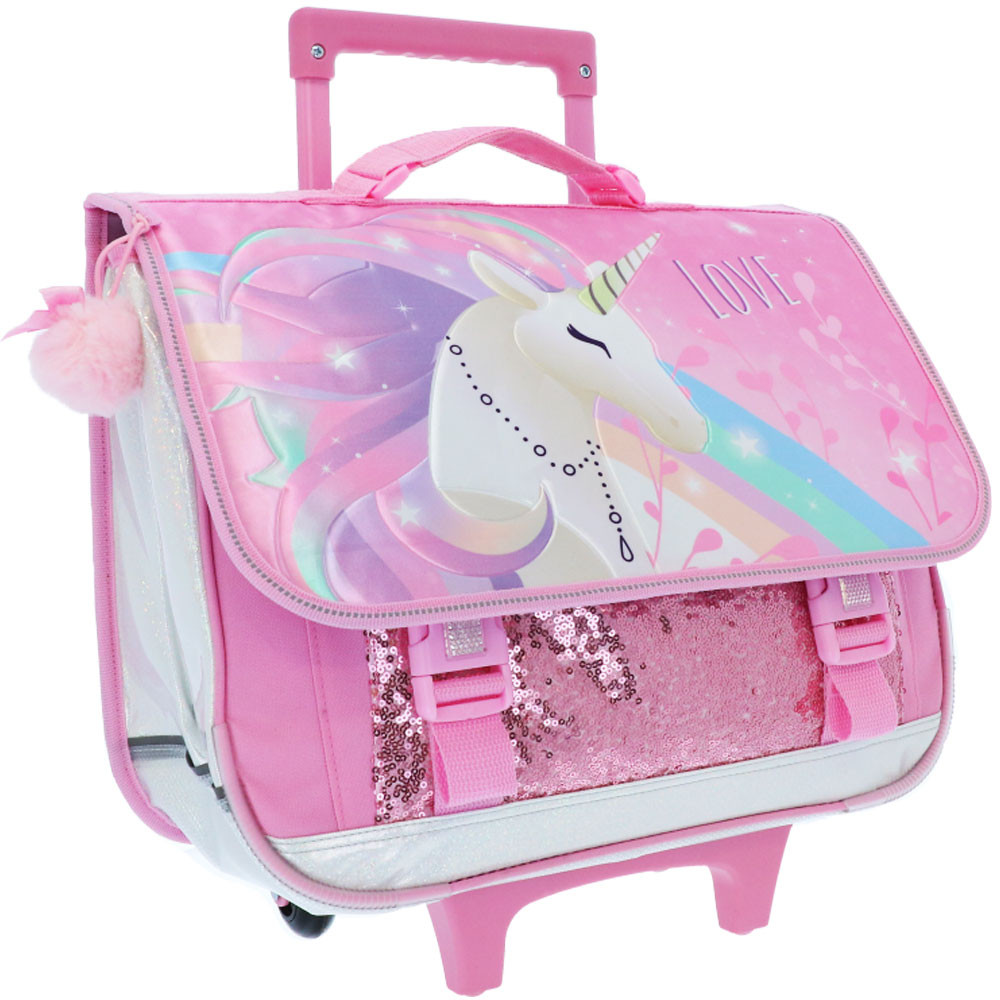 Cartable à roulettes Licorne rose avec sequins